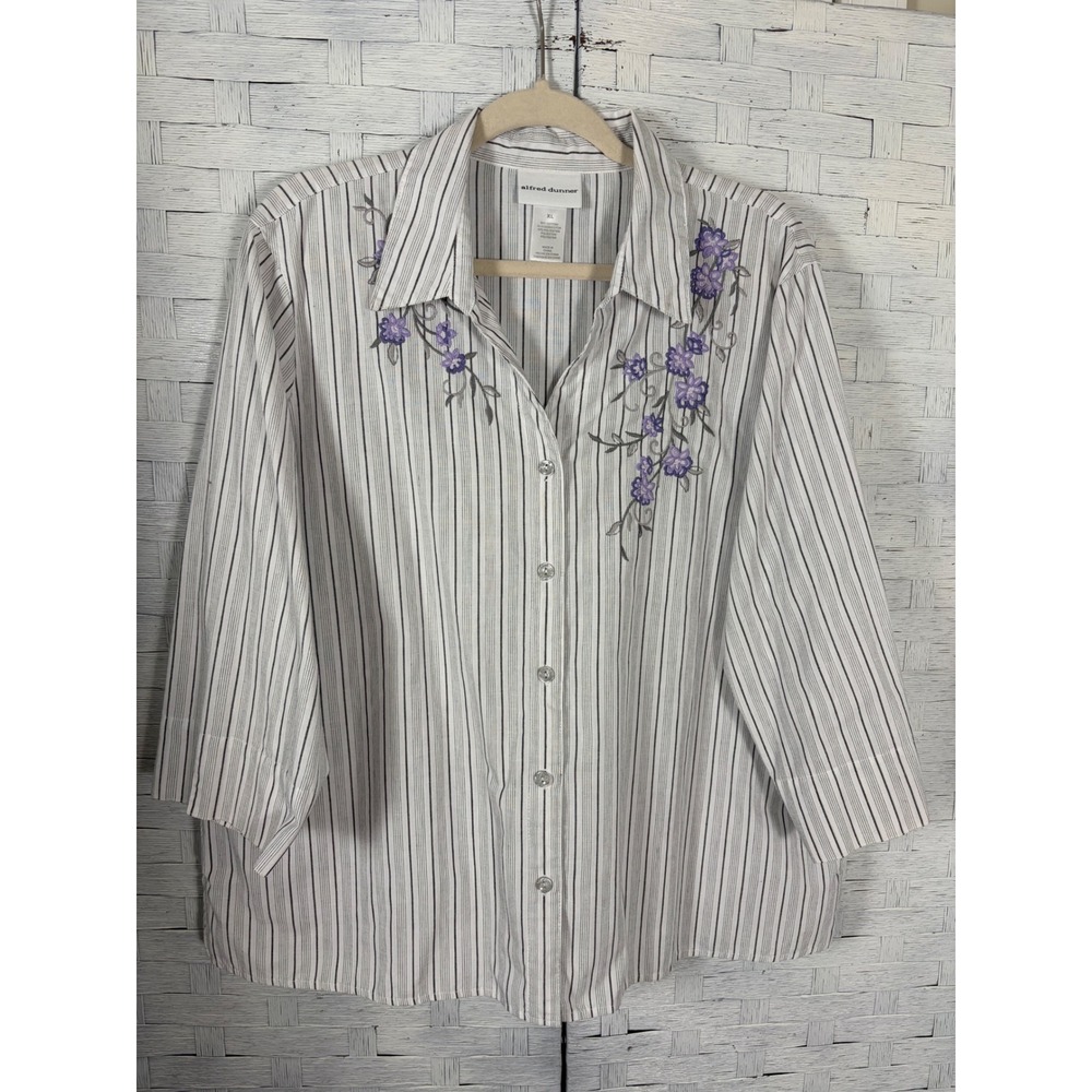Alfred‎ Dunner Womens Blouse Striped Button Front Purple Floral Embroidery 3/4